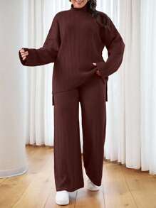 EURMUSE OLUS SIZE HIGH NECK CASUAL SWEATER CORDS - Brown - View 1