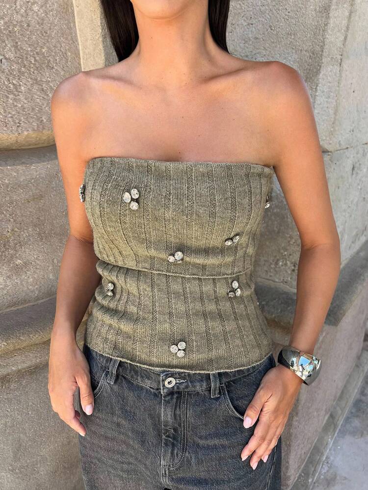 SHEIN Maija 2025 Elegant Casual Partial Studded Curled Hem Grey-Green Striped Versatile Knit Camisole Top, Suitable As Undershirt In Early Autumn, Fall For Women,Winter For Women,Winter,Night Out,Going Out Tops Women, Night Out,Date Night,Old Money Style