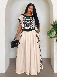 Veslaya Plus Size Floral Print Short Sleeve Top And Pocketed Skirt, Casual 2 Pieces Set Plus Size Floral Two Piece Set Maxi Skirt Two Piece Set