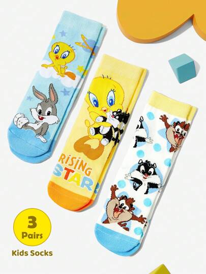 LOONEY TUNES X SHEIN 3 par mjuka och andningsbara bomullsstrumpor, fukttransporterande barnstrumpor till mitten av vaden, färgglada söta tecknade Tweety-mönster, förstärkta tå- och hälstrumpor för hållbarhet, unisex för pojkar och flickor alla årstider, matchande skola och utomhus, gul och blå