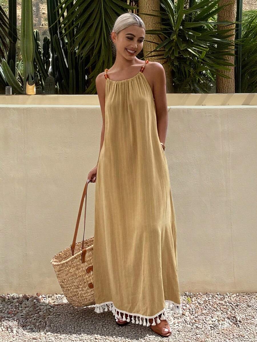 Livesso Robe ample avec détails de perles sans manches, convenant pour les vacances d'été