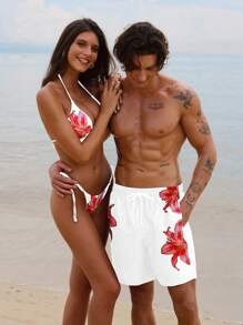 Manfinity VDAYZ 男士花卉印花抽绳腰沙滩短裤 - 紅白色 - 查看 3