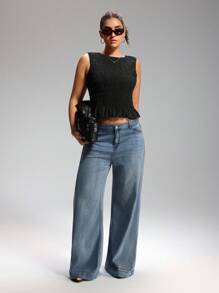 LYSMO 大码夏季波西米亚风女式弹力褶皱背心，商务休闲女式黑色无袖上衣，夏季束腰女式上衣，返校季，荷叶边上衣，情人节 - 黑色 - 查看 5