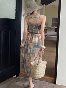 DAZY Women's V-Neck Floral Print Mid-Calf Belted Summer Vacation Dress Maxi Dress Cruise Outfit For Women Boho - Apricot - View 2
