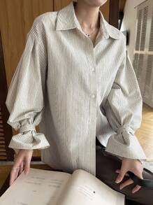 DAZY 女式条纹长袖单排扣休闲宽松通勤衬衫秋季 - 米色 - 查看 5