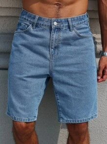 Manfinity Homme 男士街头时尚休闲抗皱防污直筒蓝色牛仔短裤 - 中等水洗藍 - 查看 5