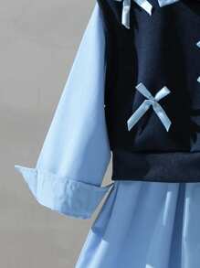 2 Piece Set Young Girls Fashion Stand Collar Blouse With Tie Bow Vest, Casual School Style Outfit, Suitable For Spring & Autumn Fall Winter - Royal Blue - View 5