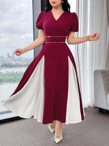 Feyla Women's Elegant Contrast Color V-Neck Ruched Waist Puff Sleeve Dress