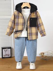 Young Boys Plaid Hooded Zip-Up Jacket, Casual Versatile Style, Suitable For Outdoor & School Wear, Fit For Spring/Autumn Back To School Season - Multicolor - View 4
