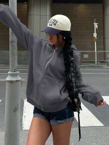 Muchica 女士休闲宽松日常街头风格秋冬拉链连帽卫衣 - 深灰色 - 查看 6