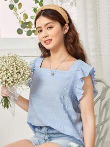 SHEIN Teen Girl Weave Texture Solid Color Square Collar Short Sleeve Casual Shirt