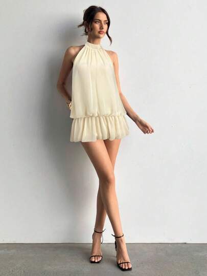 Aloruh Vestido mini para mujer con cuello halter, espalda abierta, lazo y bajo con volantes