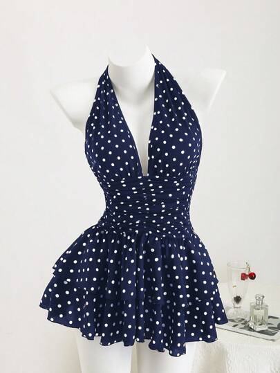Elamini Black & White Polka Dot Deep V-Neck Halter Backless Bodycon Mini Dress With Ruffled Hem, Vacation Bohemian Elegant Romantic Sexy Casual Everyday Versatile Summer Dress