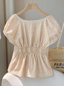 SHEIN EZwear 夏季杏色和白色格子编织女式衬衫 - 杏色 - 查看 2