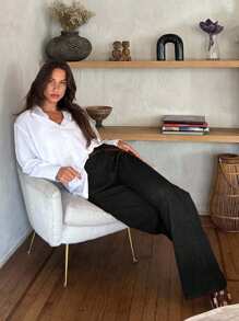 EURMUSE WOMEN WIDE LEG HIGH WAIST PANTS WITH BELTED - Black - View 3