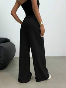 SHEIN 青少年女孩休闲松紧腰阔腿运动裤，适合春、夏、秋、冬 - 黑色 - 查看 6