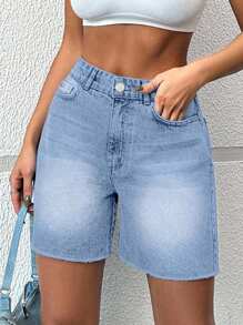 SHEIN Cottnline 100%Cotton Women's Frayed Straight-Leg Denim Shorts - Baby Blue - View 5