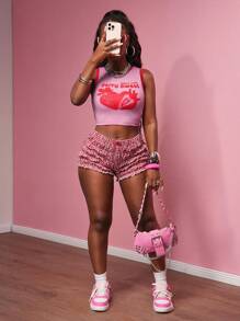 Slaydiva 2025 夏季新款街头休闲修身短款粉色和红色草莓水果图案背心+红白格子褶皱短裤女两件套，适合日常外出、节日派对、音乐节、旅行、毕业装、朋友聚会、生日派对、海滩、机场装、度假、波西米亚风、返校-A - 紅白色 - 查看 8