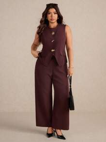 Elaquor Conjunto de 2 piezas de talla grande, elegante y minimalista, versátil para la oficina y el trabajo, compuesto por chaleco y pantalón corto para mujer, para primavera/verano