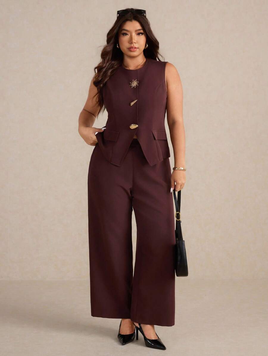 Elaquor Conjunto de 2 piezas de talla grande, elegante y minimalista, versátil para la oficina y el trabajo, compuesto por chaleco y pantalón corto para mujer, para primavera/verano