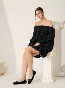 CUCCOO CHICEST 女士圆头平底蕾丝一脚蹬黑色蝴蝶结优雅简约平底鞋 - 黑色 - 查看 11