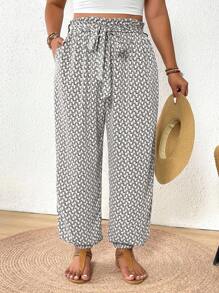 SHEIN Frenchy 大码女式几何印花系腰宽松哈伦裤 - 白色 - 查看 4