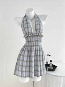 Elamini Women's Casual Simple Elegant Plaid Halter Shirred Tie Waisted Short Dress - Multicolor - View 4