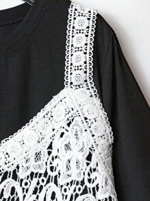 SHEIN Clasi Plus Size Women's Spring/Summer Knitted Lace Patchwork Round Neck Drop Shoulder Short Sleeve Loose Casual Fashion Elegant Chic T-Shirt For Daily Wear & Vacation Summer Women Clothes  Curve Plus   Vacation Women Clothes   Shein Curve