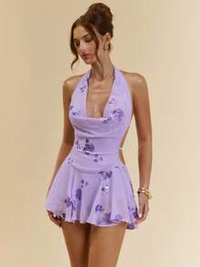 SHEIN BAE Women's Plunging Neck Floral Sequin Backless Mini Dress,Party Dress - Mauve Purple - View 4