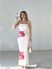 Rafferiza Vestido ajustado de mujer con estampado floral de malla y fruncido elegante - Albaricoque - Ver 3