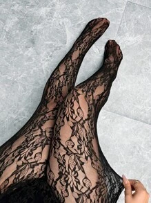 SHEIN CURVE+ Curves 加大码/学校服装/返校服装/返校大码性感弹力透明蕾丝连裤袜、紧身裤、万圣节、返校季 - 黑色 - 查看 8