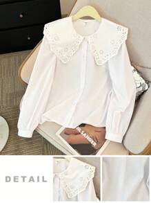 SHEIN 少女女孩白色梭织纯色拼接刺绣大翻领泡泡袖长袖学院风优雅复古休闲衬衫 返校季情人节童装春夏秋冬装小清新女童 - 白色 - 查看 10