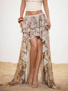 Shutterstock Glamance Women's Floral Print Asymmetric Hem Fashionable Vacation Style Floral High Low Layered Skirt Ruffle Skirt Bohemian Skirt Y2K 2000s Back To School Club Sexy Date Night - Multicolor - View 5