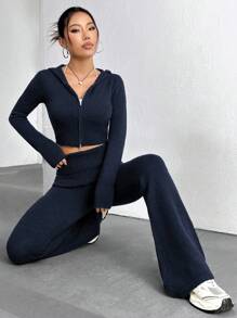 Flirla Women Casual Minimalist Solid Color Hooded Zip-Up Cropped Cardigan And Flared Knit Pants Set, Autumn/Winter Fall Cloth For Women - Navy Blue - View 5