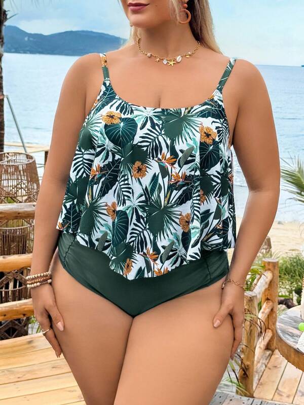 Swim Lushoire Damen Große Größen Tropical Pflanzen Muster Tankini Badeanzug Set