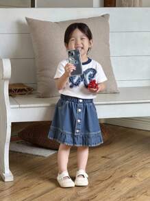 SHEIN 2入組嬰兒女孩甜美時尚蝴蝶短袖T恤搭配時尚牛仔裙