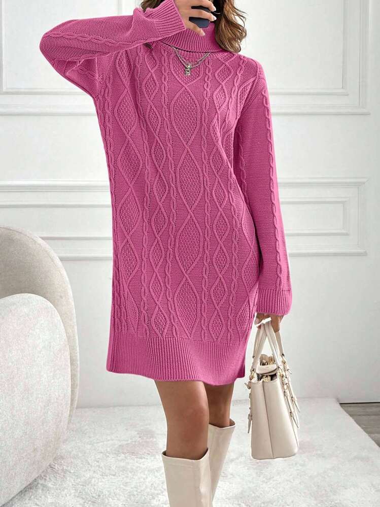 EURMUSE Knitwear Dress With Folded Neck And Cable Pattern,Winter Dresses For Women,Petite - Pink - View 1