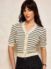 House of One Women's Elegant Casual Striped Button V-Neck Short Sleeve Sweater, Suitable For Summer And Autumn Summer Work Outfits For Women Fall Women Clothes Old Money Office Outfits For Women Fall Outfits Business Professional Women Business Casual Woman