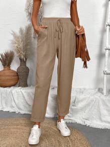 Calvaya Solid Color Elastic Waistband Tapered Pants With Diagonal Pockets And Tie Belt For Casual And Versatile Look,Ladies Spring/Fall Casual Drawstring,Pocket Natural Jogger Cropped Khaki Regular Fit Women Pants,Casual Daily Wear