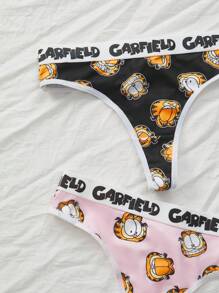 GARFIELD | SHEIN 女士舒适可爱卡通猫咪印花字母丁字裤 - 黑色 - 查看 3