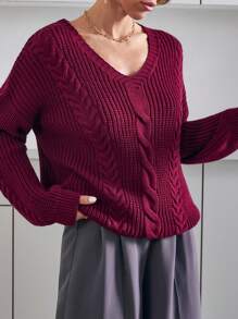 EURMUSE Chunky Cable Knit V-Neck Sweater In Deep Rust Red With Ribbed Hem And Cuffs,Jumper,Cream Jumper,Jumpers For Women,Jumpers,Black Jumper,Womens Jumper,White Jumper,Women's Jumper,Women's Jumpers,Winter Clothes - Burgundy - View 2