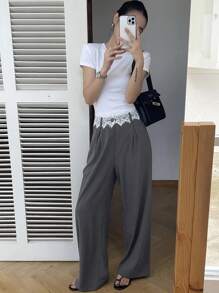 DAZY 女士蕾丝拼布撞色腰带直筒休闲裤，时尚都市休闲裤 - 灰色 - 查看 4