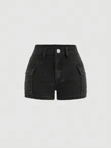 SHEIN Teen Girl Summer Y2K Low Waist Stonewashed Denim Shorts With Flap Pocket,Summer Brunch Graduation,Beach Vacation Teen Girl Casual,Country Concert/Rave, Black Denim Shorts - Black - View 6