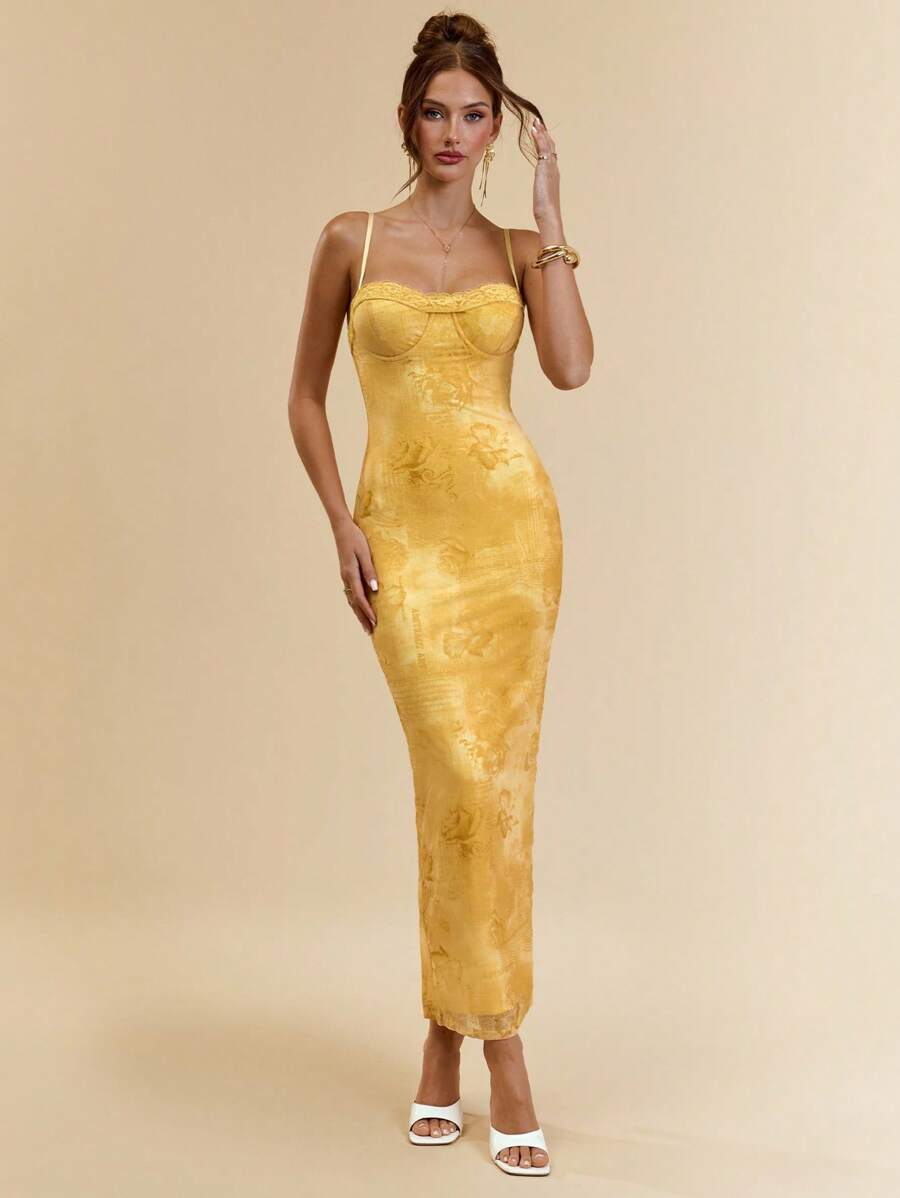 SHEIN BAE Đầm dài ôm vừa vặn họa tiết hoa gợi cảm in ren có dây mảnh dành cho nữ, thiết kế cổ điển, mùa hè - Màu vàng - Xem 1