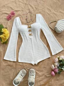 Soleia Women's Vacation White Knit Textured Camisole Jumpsuit With Front Hollow And Metal Starfish Decor, Fitted, For Party, Date, Afternoon Tea, Bohemian, Boho, Romantic Floral, Vacation, Floral White Playsuit Long Sleeve Playsuit - White - View 4