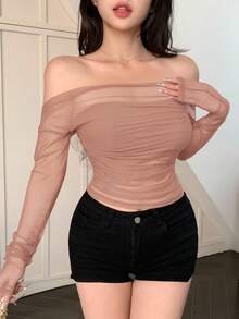 DAZY 女士弹力网纱单肩透视上衣，春夏长袖露肩上衣 - 粉色 - 查看 4