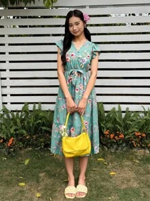 SHEIN Vestido informal para adolescentes con estampado floral, manga corta, escote en V y cintura con lazo - Verde - Ver 7
