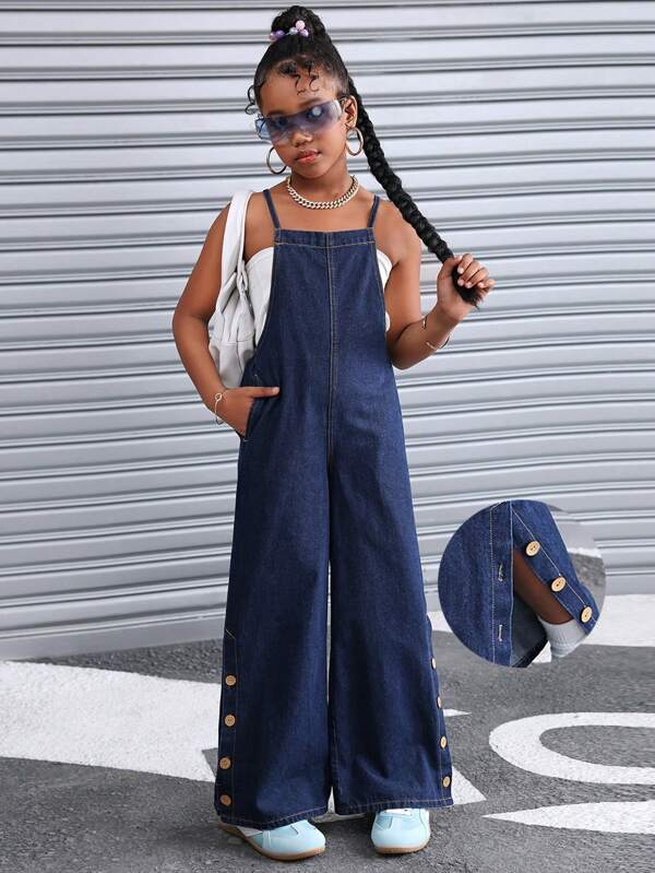 2025 Neuankömmling Denim Casual Vacation Einfarbig Vielseitiger Denim-Overall für Tween-Mädchen, Frühling/Sommer, Schlank & Jugendlich, Lockere Passform, Seitentaschen, Hoch taillierte Hose mit weitem Bein, Geeignet für Sommerferien, Cool Wear-Kollektion, Familienausflugssaison, Strandmodus an, Urlaubsaccessoires, Bademode für Tween-Mädchen, Urlaubsromantik, Entspannung, Bequem, Passend für Familienausflüge im Sommer, Business Casual für Damen