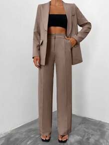 EURMUSE 女士纯色长袖夹克和褶裥口袋裤套装 - 米色 - 查看 1