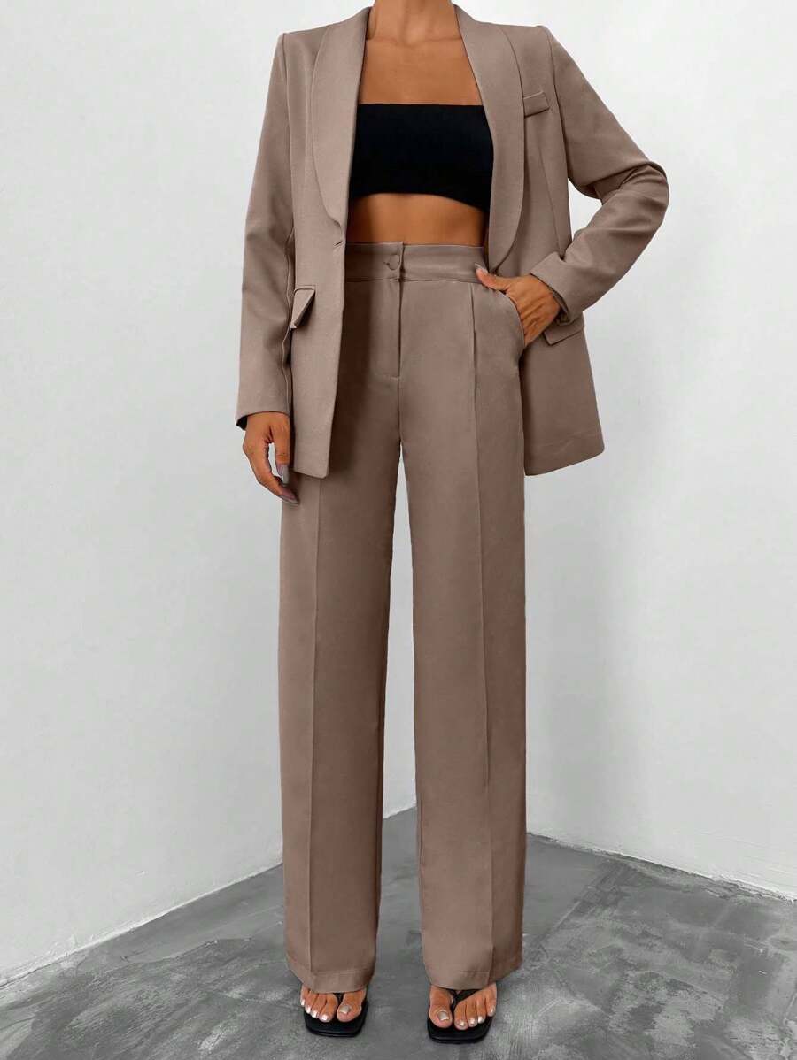 EURMUSE 女士纯色长袖夹克和褶裥口袋裤套装 - 米色 - 查看 1